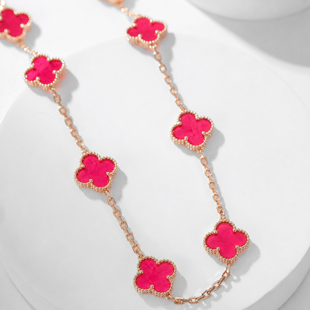[DORISW]NEW CLOVER 10 MOTIFS PINK ENAMEL NECKLACE