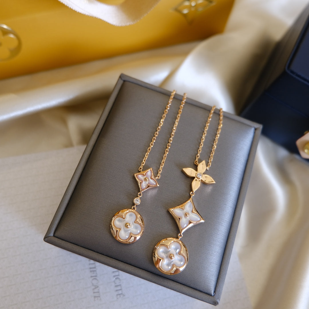 [⭐DORISW] COLOR BLOSSOM LARIAT-HALSKETTE AUS ROSÉGOLD, WEISSEM PERLMUTT UND DIAMANTEN