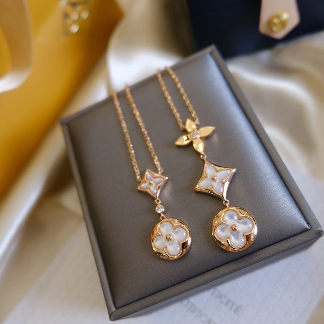 [⭐DORISW] COLOR BLOSSOM LARIAT-HALSKETTE AUS ROSÉGOLD, WEISSEM PERLMUTT UND DIAMANTEN