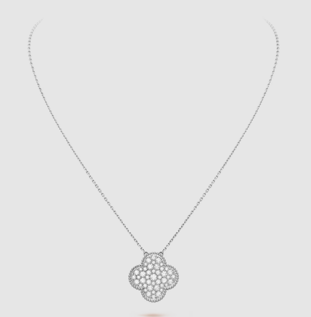 [⭐DORISW] CLOVER 25MM ラージペンダント ダイヤモンドパヴェ シルバーネックレス