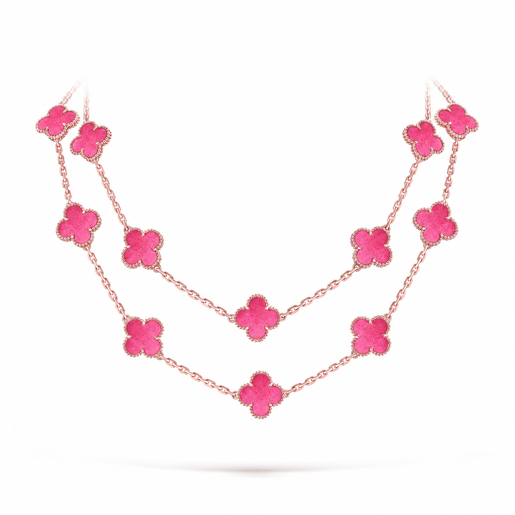 [DORISW] NEW CLOVER 20 MOTIFS PINK ENAMEL NECKLACE
