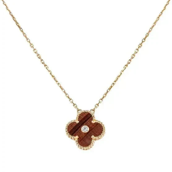 [⭐DORISW] CLOVER 15MM ダイヤモンド＆イエロータイガーアイアゲート ネックレス