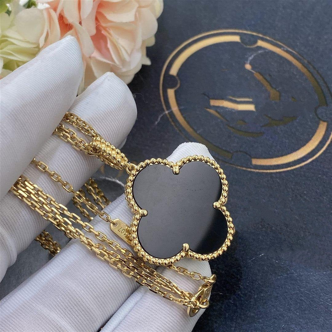 [⭐DORISW] CLOVER 25MM GOLD ONYX GROSSE KLEEBLATT-HALSKETTE