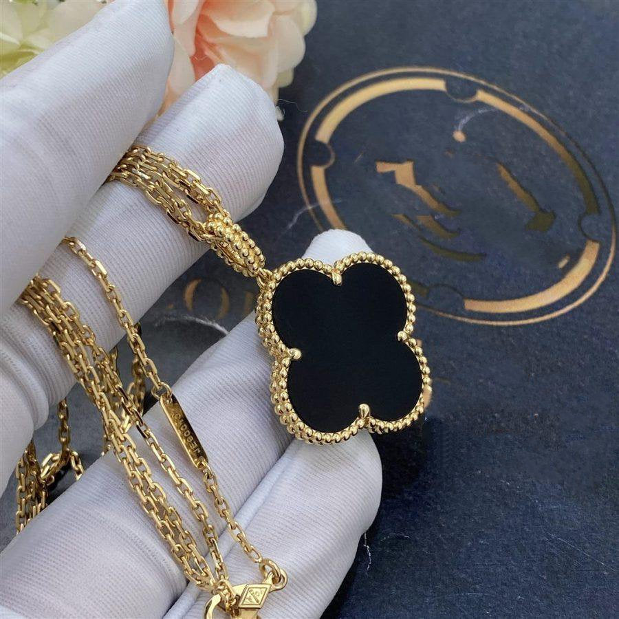[⭐DORISW] CLOVER 25MM GOLD ONYX GROSSE KLEEBLATT-HALSKETTE