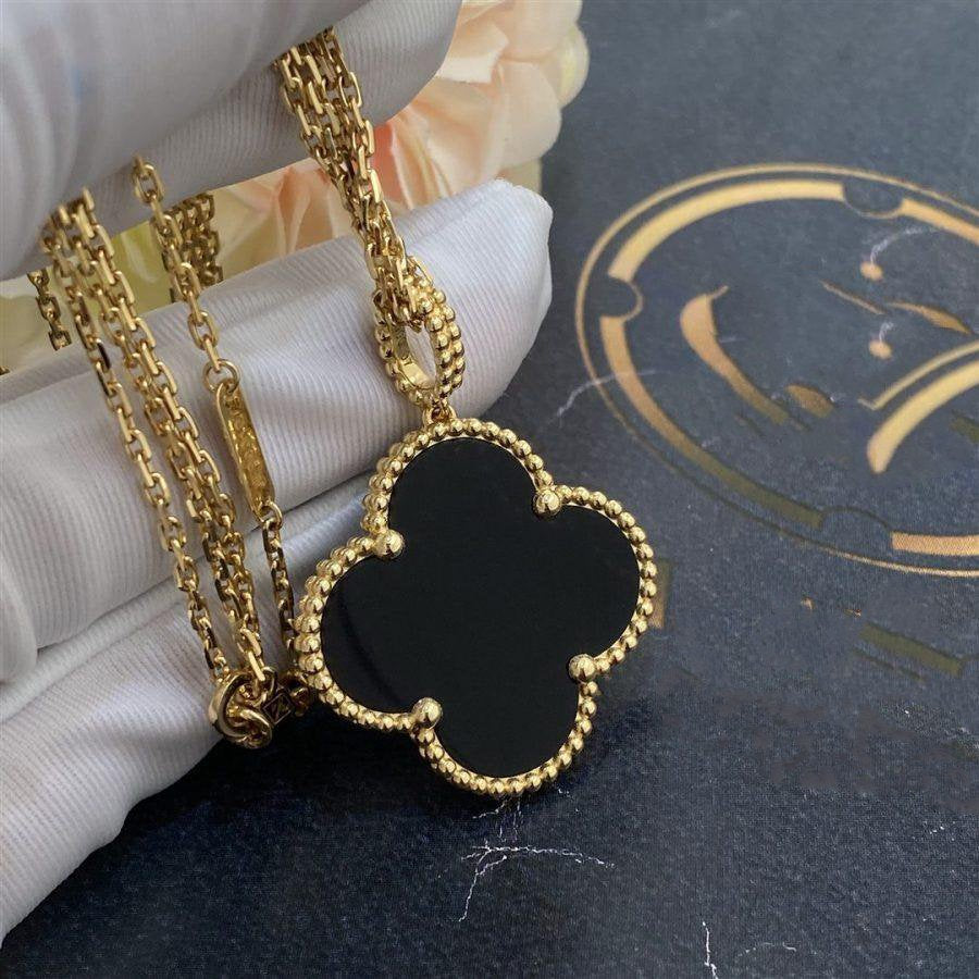 [⭐DORISW] CLOVER 25MM GOLD ONYX GROSSE KLEEBLATT-HALSKETTE