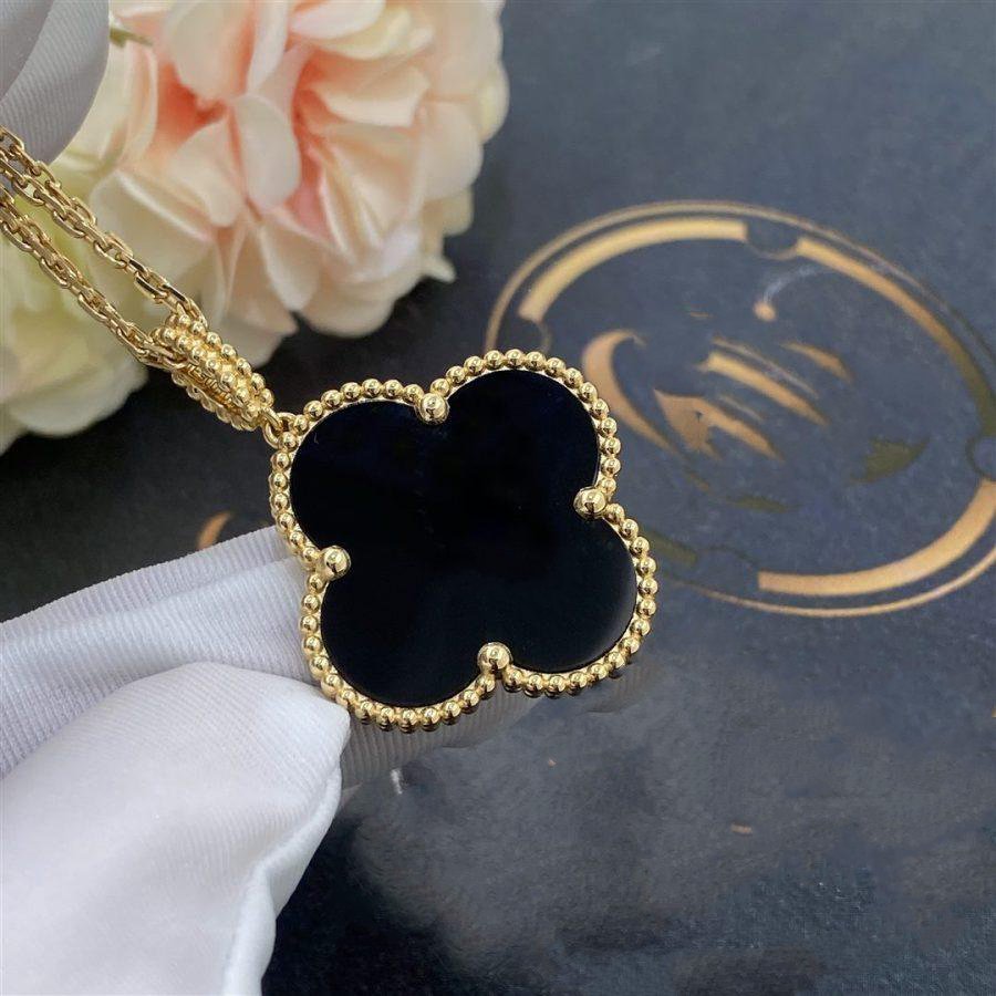 [⭐DORISW] CLOVER 25MM GOLD ONYX GROSSE KLEEBLATT-HALSKETTE