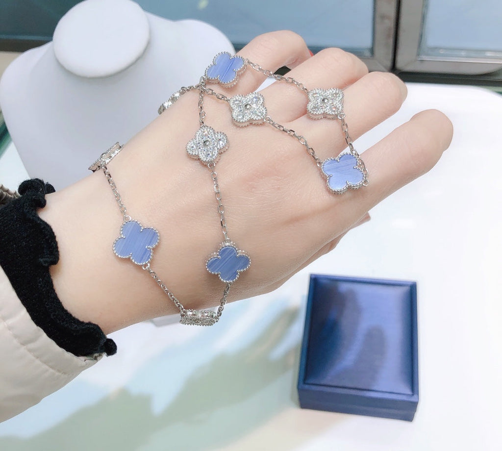 [⭐DORISW] クローバー 10モチーフ カルセドニー ダイヤモンド シルバー ネックレス