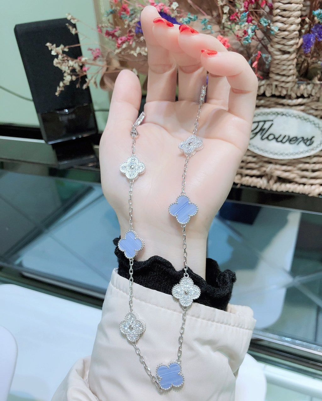 [⭐DORISW] クローバー 10モチーフ カルセドニー ダイヤモンド シルバー ネックレス